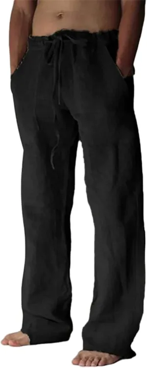 Cotton Linen Pants Men Loose Summer Beach Pants Comfort Elastic Drawstring Waist Straight Legs Pants Baggy Loung Pants