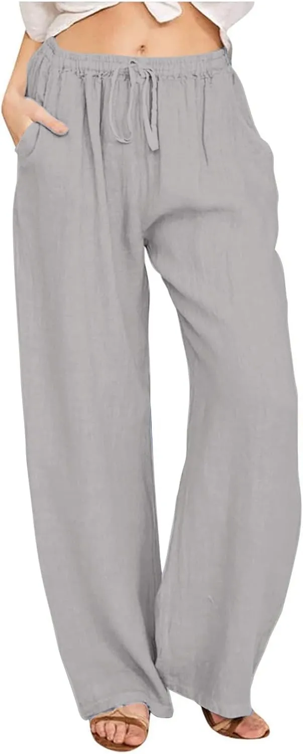 Cotton Linen Pants Women High Waisted Drawstring Wide Leg Pants Flowy Lounge Pants Casual Palazzo Pants 2025