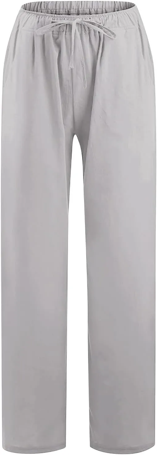 Cotton Linen Pants Women High Waisted Drawstring Wide Leg Pants Flowy Lounge Pants Casual Palazzo Pants 2025
