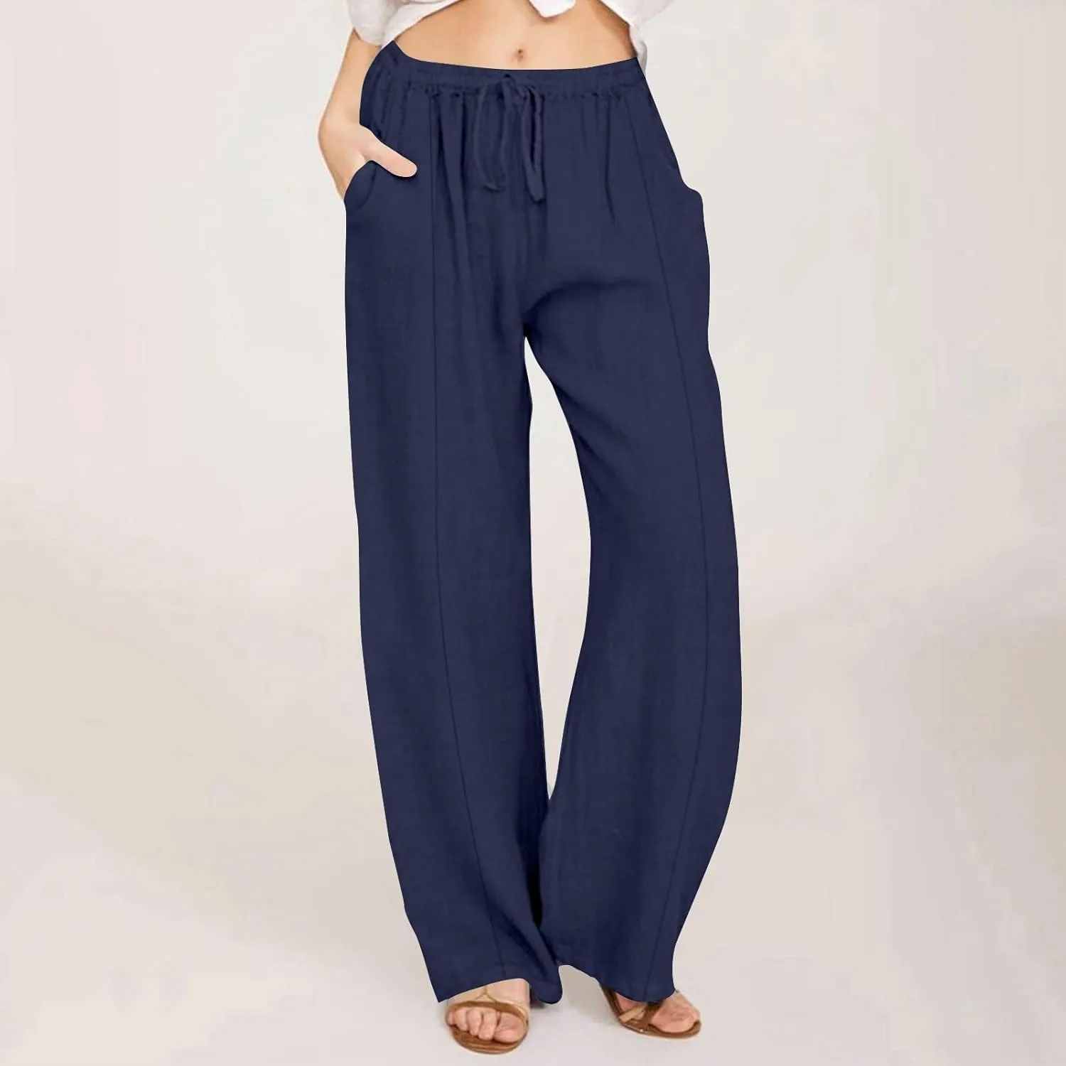 Cotton Linen Pants Women High Waisted Drawstring Wide Leg Pants Flowy Lounge Pants Casual Palazzo Pants 2025
