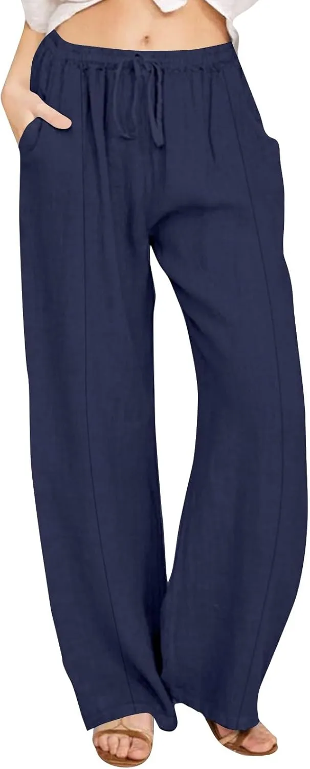 Cotton Linen Pants Women High Waisted Drawstring Wide Leg Pants Flowy Lounge Pants Casual Palazzo Pants 2025