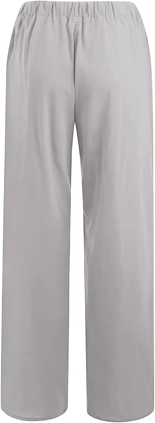 Cotton Linen Pants Women High Waisted Drawstring Wide Leg Pants Flowy Lounge Pants Casual Palazzo Pants 2025