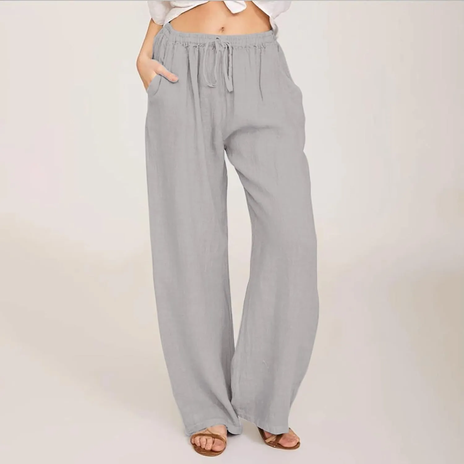 Cotton Linen Pants Women High Waisted Drawstring Wide Leg Pants Flowy Lounge Pants Casual Palazzo Pants 2025