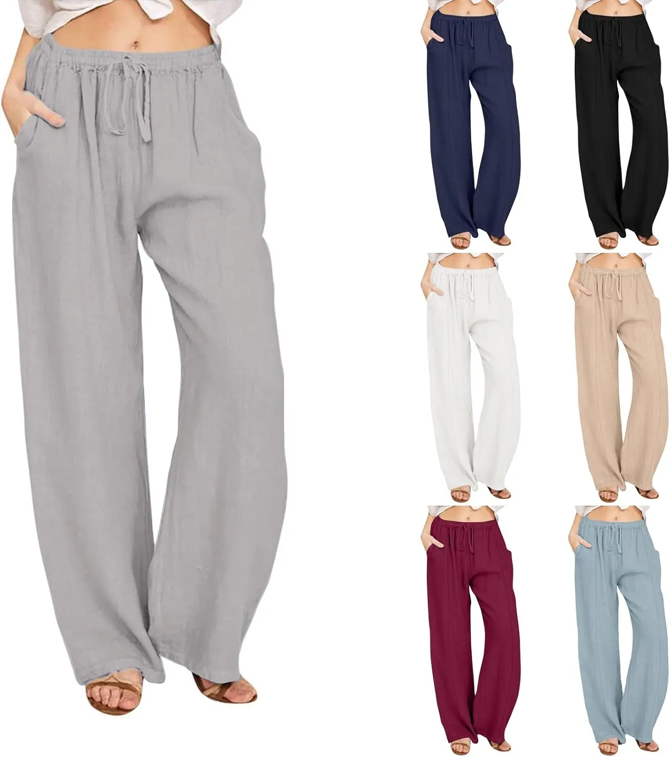 Cotton Linen Pants Women High Waisted Drawstring Wide Leg Pants Flowy Lounge Pants Casual Palazzo Pants 2025