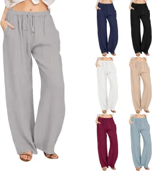 Cotton Linen Pants Women High Waisted Drawstring Wide Leg Pants Flowy Lounge Pants Casual Palazzo Pants 2025