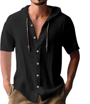 Cotton Linen Shirts for Men Hoodie Tops Casual Lightweight Long Sleeve Henley Beach Shirt Loose Hawaiian Hippie Shirt