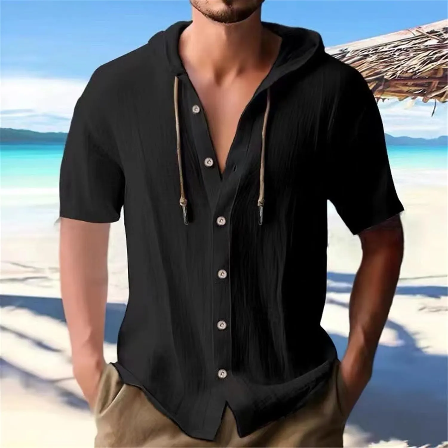 Cotton Linen Shirts for Men Hoodie Tops Casual Lightweight Long Sleeve Henley Beach Shirt Loose Hawaiian Hippie Shirt