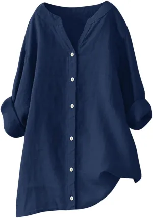 Cotton Linen Shirts for Women 2025 Buttons V Neck Long Sleeve Tshirt Plus Size Loose Blouses Dressy Casual Tunic Tops