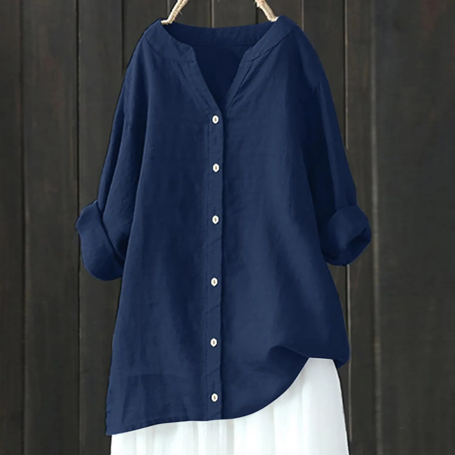 Cotton Linen Shirts for Women 2025 Buttons V Neck Long Sleeve Tshirt Plus Size Loose Blouses Dressy Casual Tunic Tops