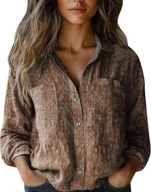 Cotton Linen Tops for Women 2025 Floral Printed V Neck Long Sleeve Blouse Collared Boho Shirt Casual Tops with