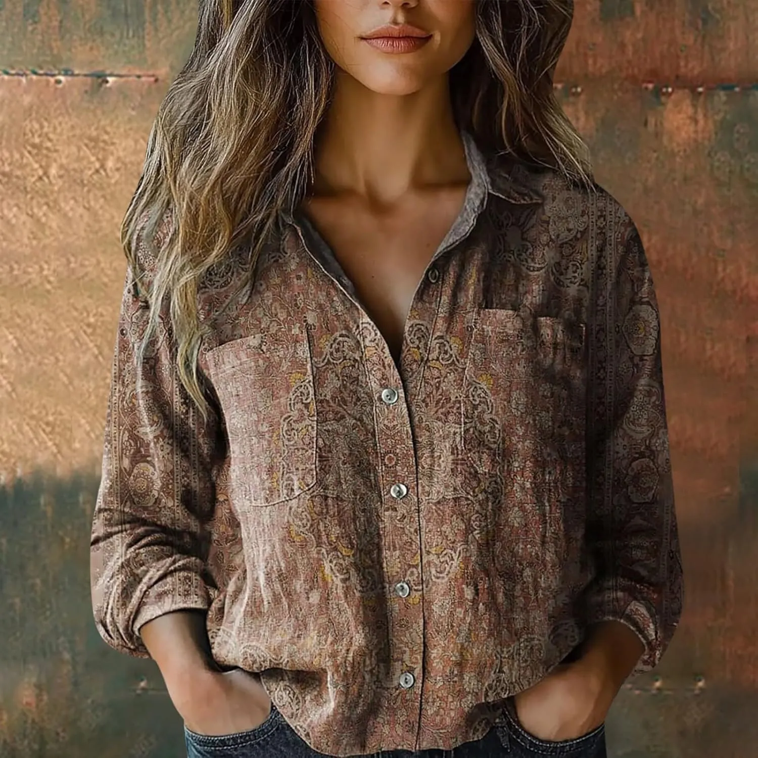Cotton Linen Tops for Women 2025 Floral Printed V Neck Long Sleeve Blouse Collared Boho Shirt Casual Tops with