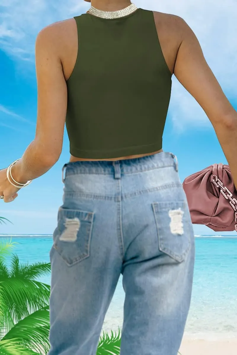 Crop Tops for Women Sexy Tank Tops Basic Sleeveless Racerback Gym Crop Tank Top for Teen Girls Cute Halter Neck Workout Tops
