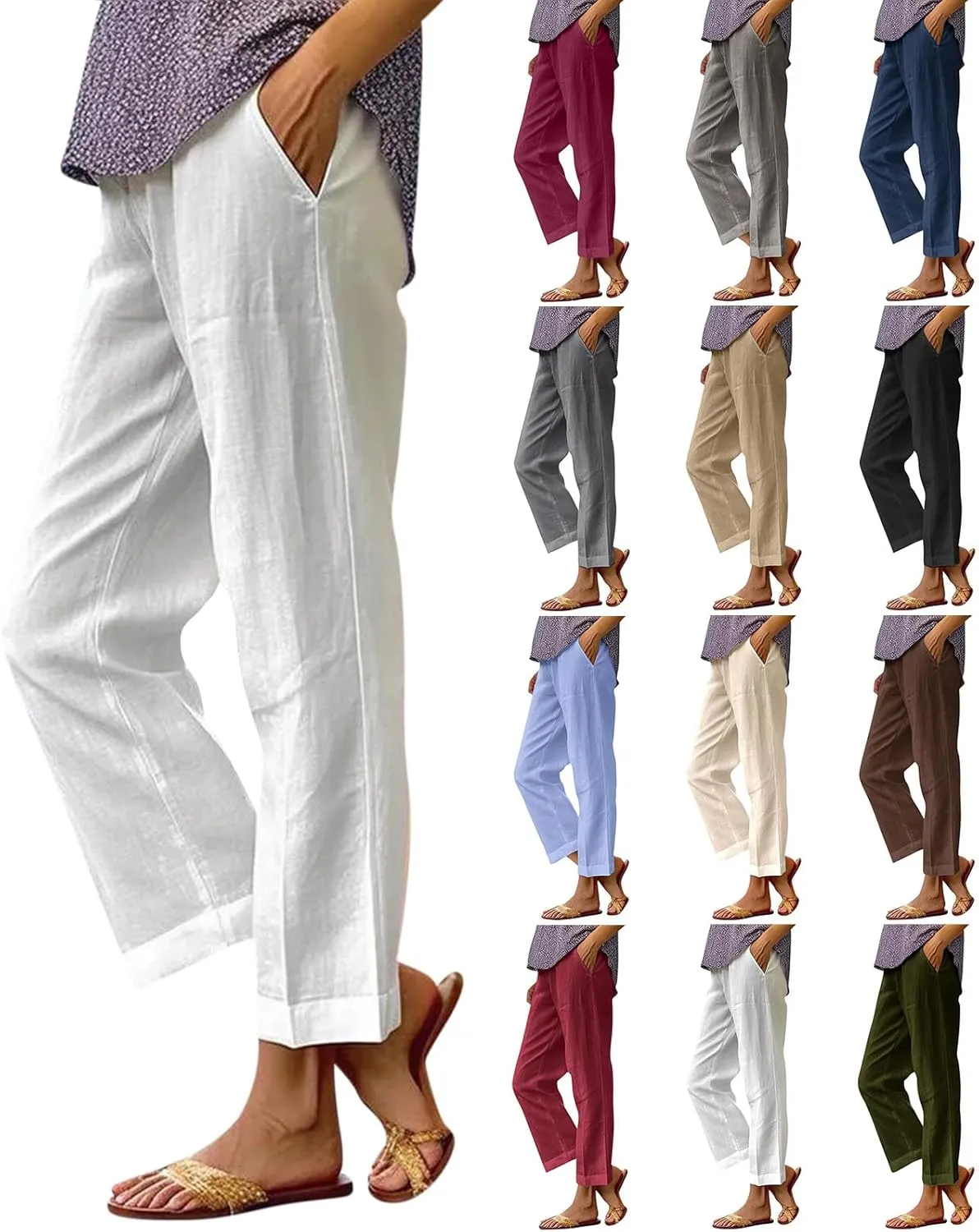 Cropped Linen Pants Women Plus Size Lightweight Summer Pants Straight Wide Leg Crop Pants Beach Pants with Pockets