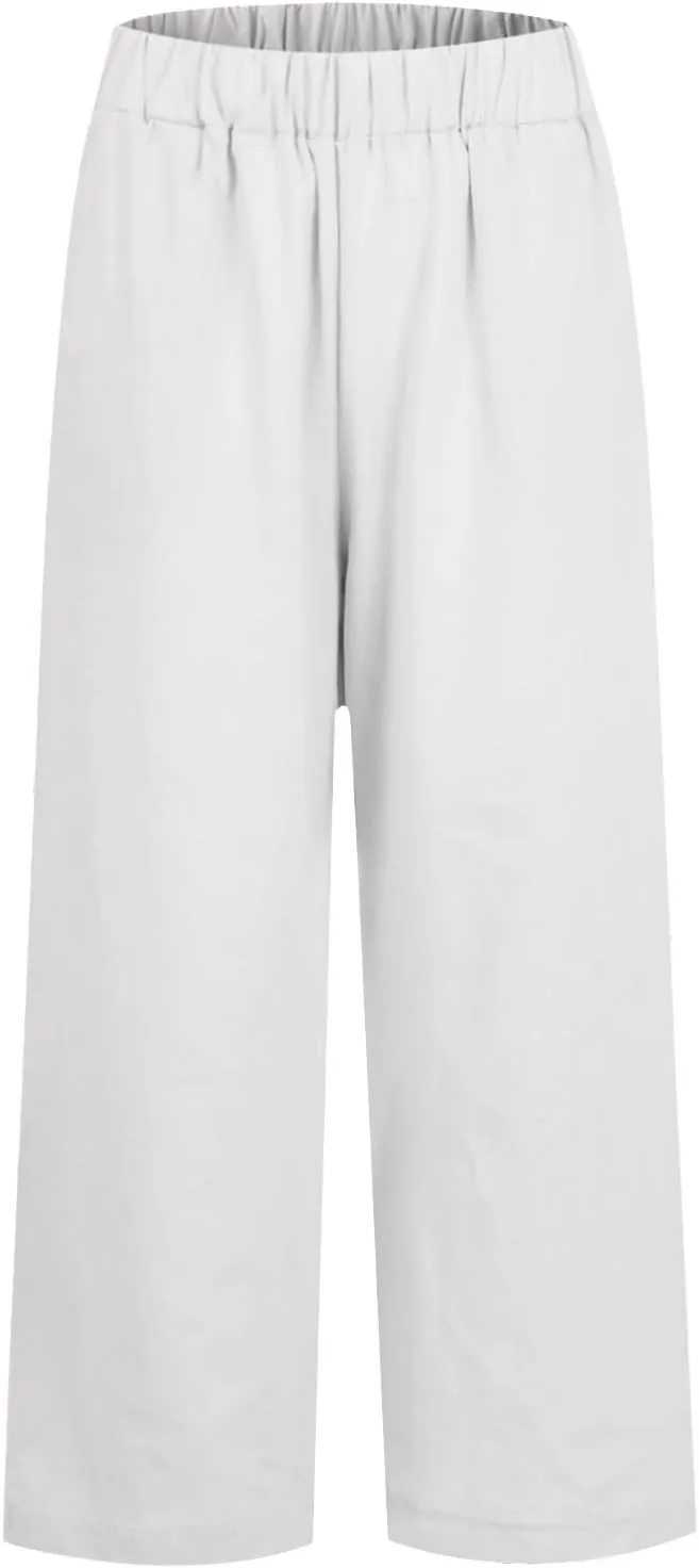 Cropped Linen Pants Women Plus Size Lightweight Summer Pants Straight Wide Leg Crop Pants Beach Pants with Pockets