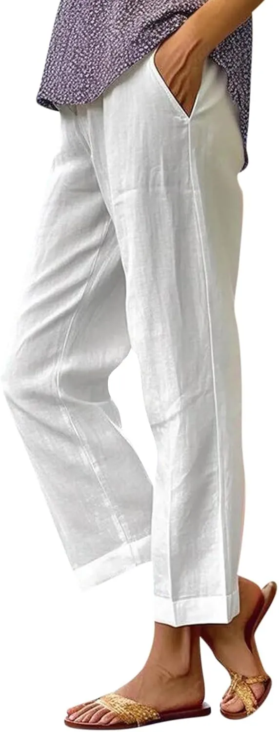 Cropped Linen Pants Women Plus Size Lightweight Summer Pants Straight Wide Leg Crop Pants Beach Pants with Pockets