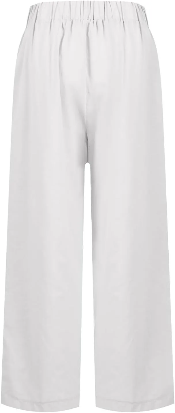 Cropped Linen Pants Women Plus Size Lightweight Summer Pants Straight Wide Leg Crop Pants Beach Pants with Pockets