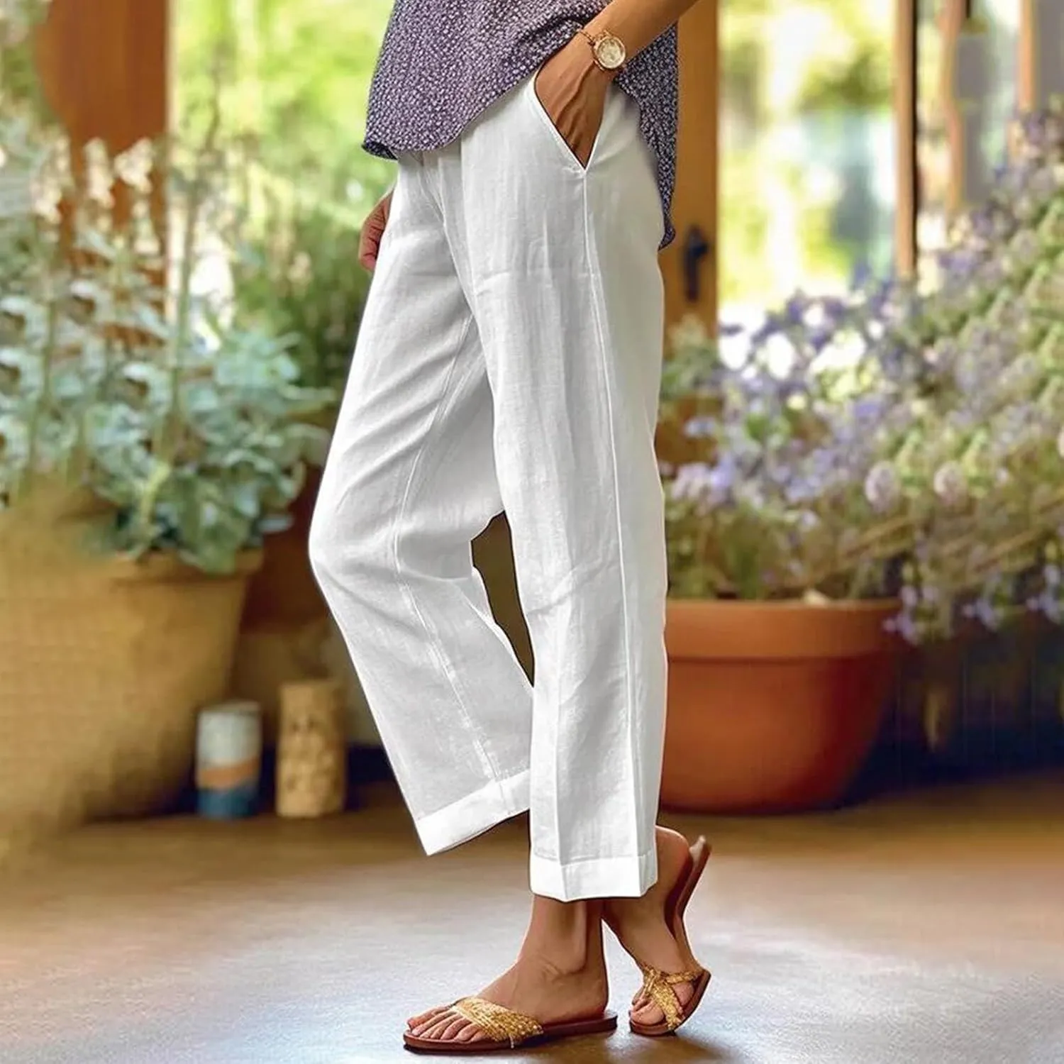 Cropped Linen Pants Women Plus Size Lightweight Summer Pants Straight Wide Leg Crop Pants Beach Pants with Pockets