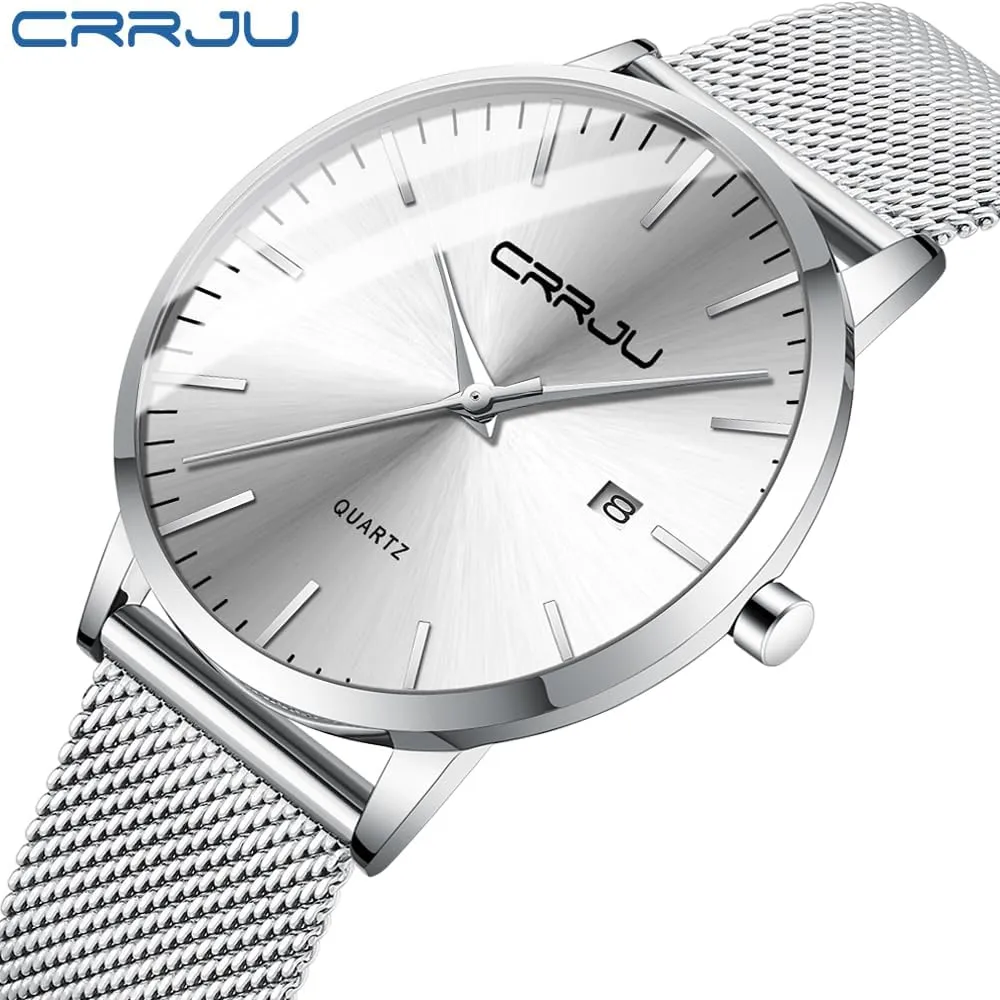 CRRJU Men's Minimalist Casual Luxury Auto Date Watches Fashion Business Japan Movement Quartz Waterproof Wristwatches for Men Stainsteel Steel Band Watch