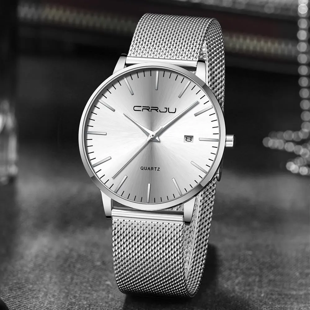 CRRJU Men's Minimalist Casual Luxury Auto Date Watches Fashion Business Japan Movement Quartz Waterproof Wristwatches for Men Stainsteel Steel Band Watch