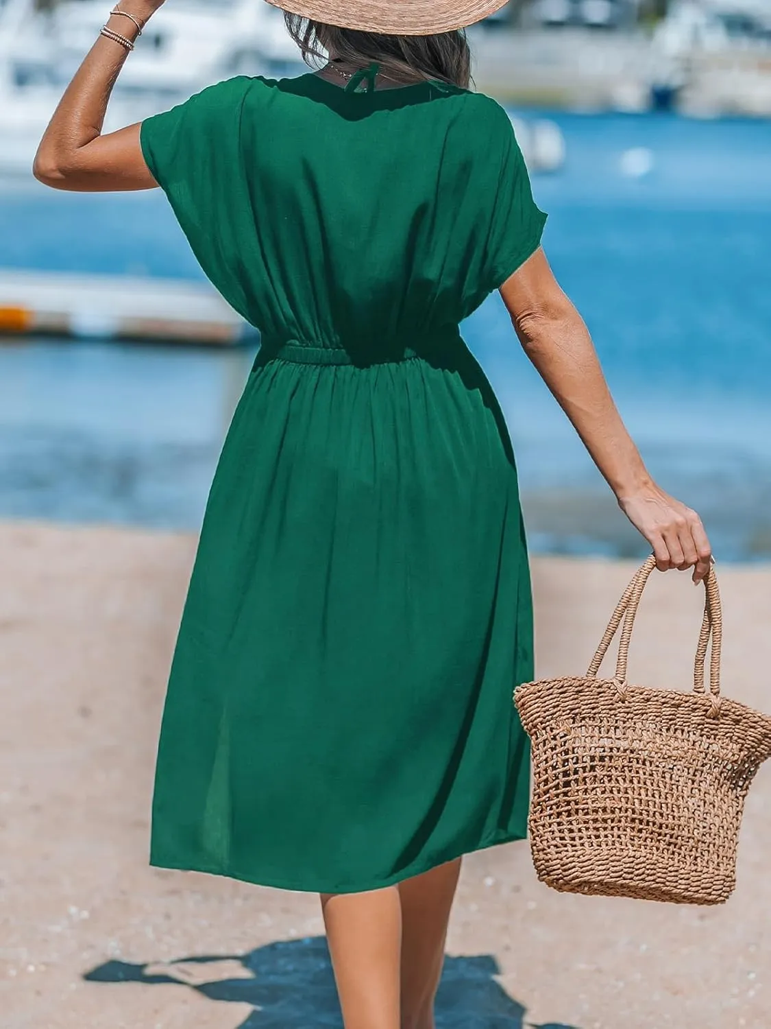 CUPSHE Women Beach Cover Up V Neck Short Sleeve Striped Midi Swimsuit Coverup Dress XS-XXL