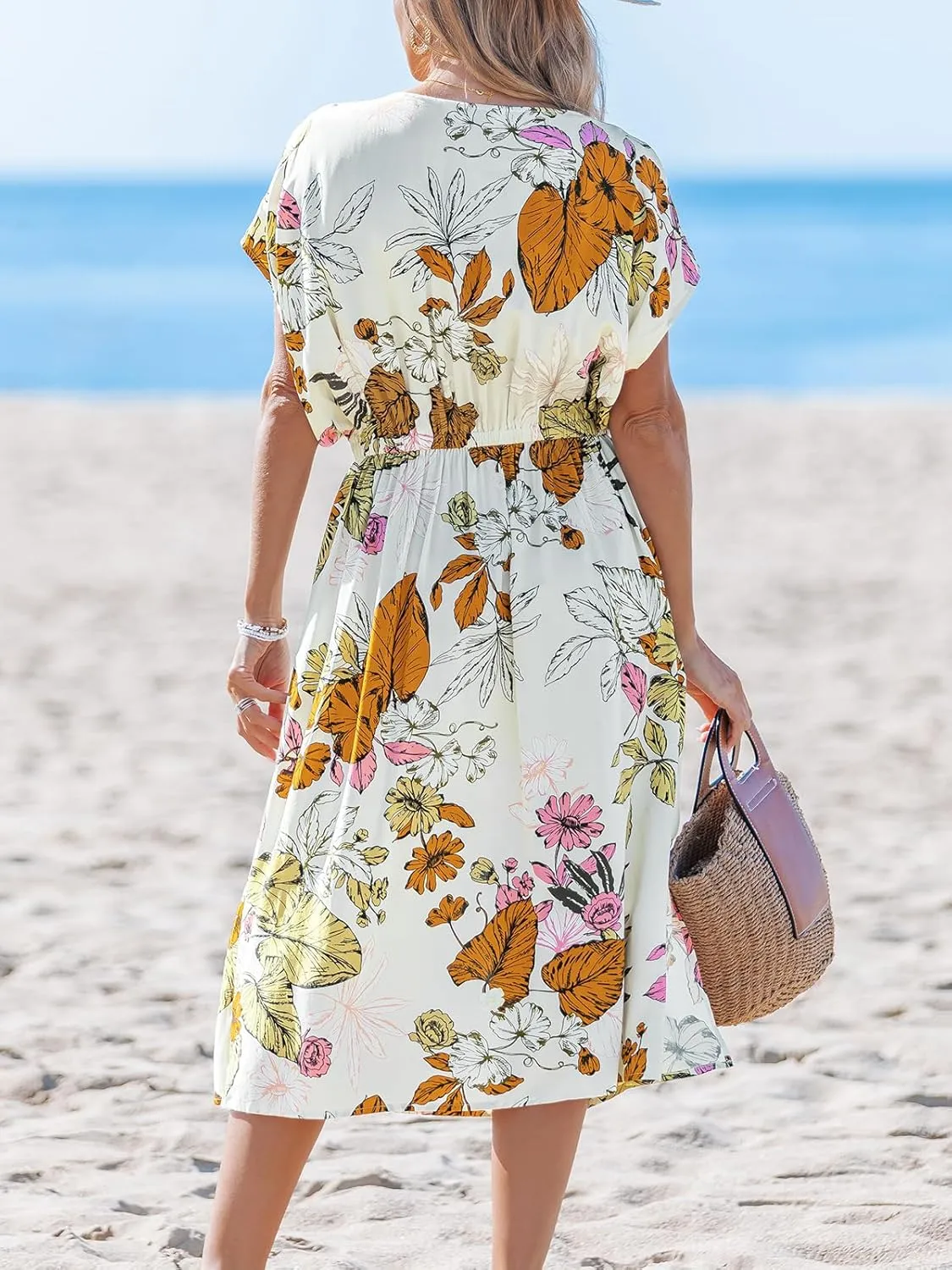 CUPSHE Women Beach Cover Up V Neck Short Sleeve Striped Midi Swimsuit Coverup Dress XS-XXL