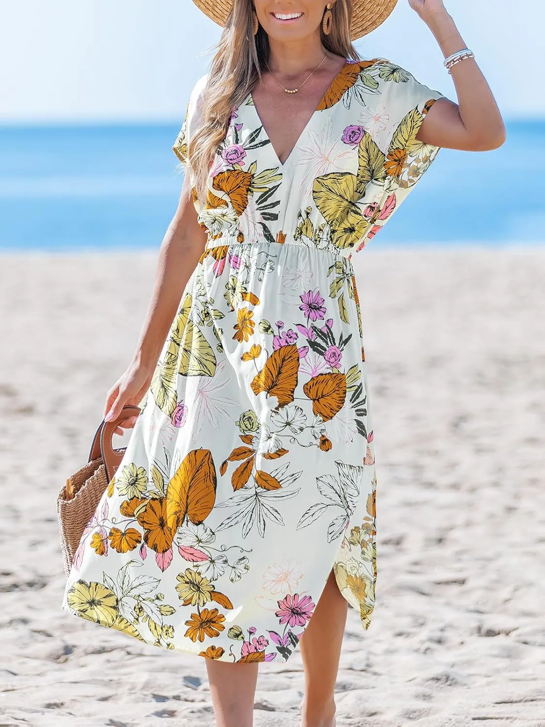 CUPSHE Women Beach Cover Up V Neck Short Sleeve Striped Midi Swimsuit Coverup Dress XS-XXL