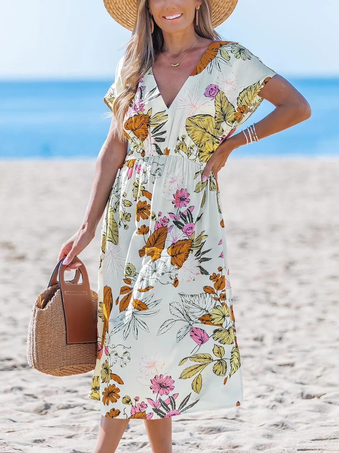 CUPSHE Women Beach Cover Up V Neck Short Sleeve Striped Midi Swimsuit Coverup Dress XS-XXL