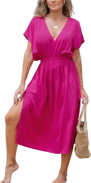 CUPSHE Women Beach Cover Up V Neck Short Sleeve Striped Midi Swimsuit Coverup Dress XS-XXL
