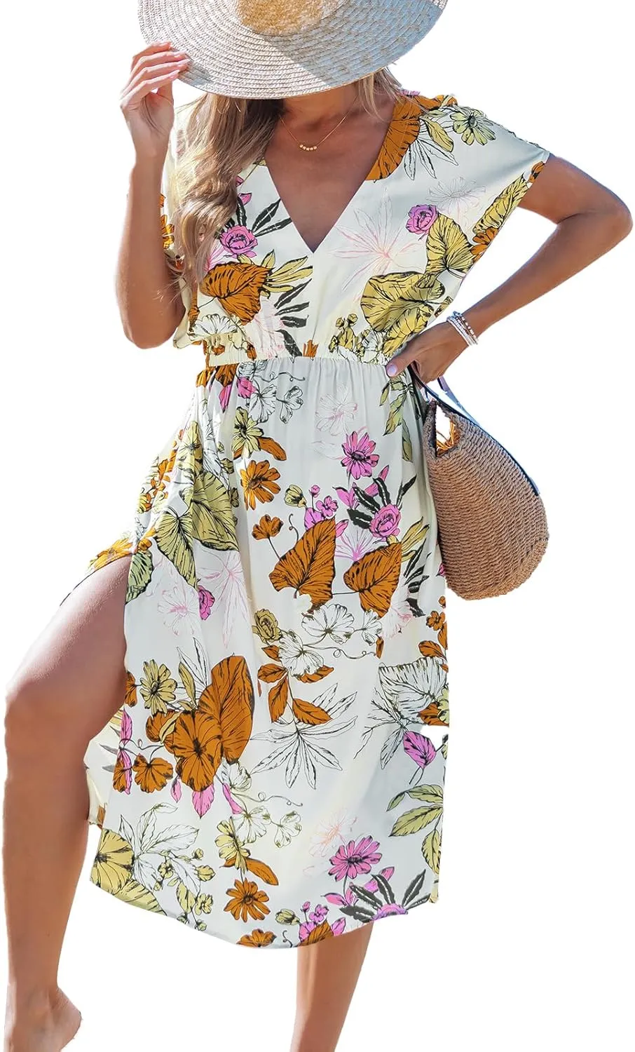 CUPSHE Women Beach Cover Up V Neck Short Sleeve Striped Midi Swimsuit Coverup Dress XS-XXL
