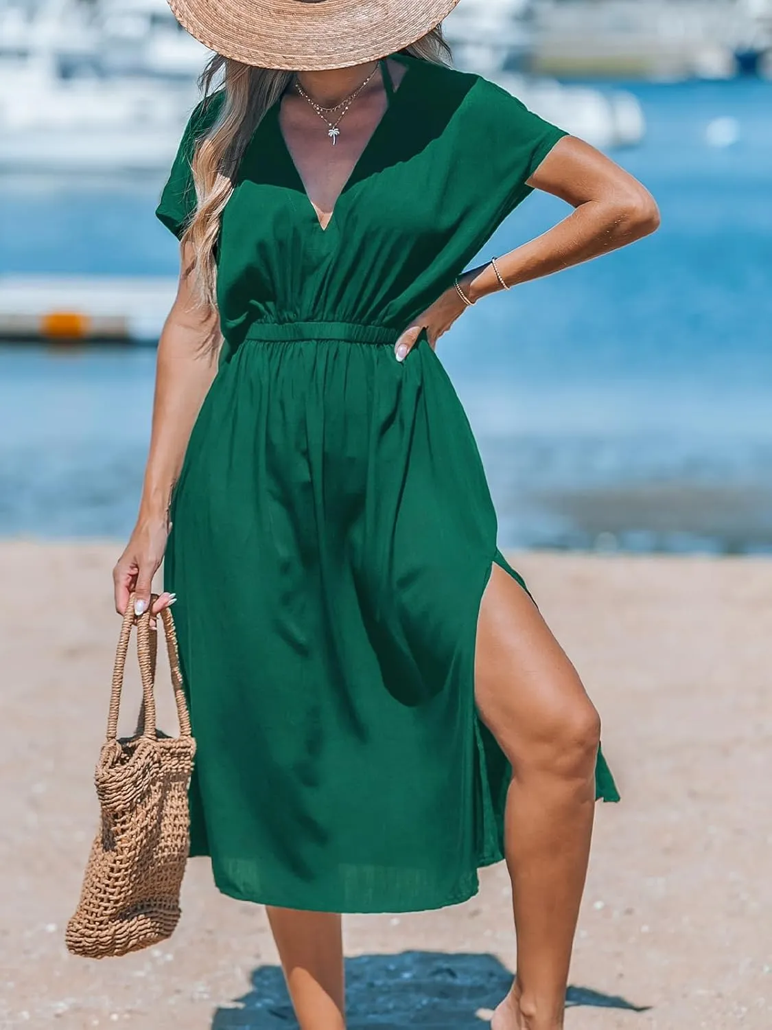 CUPSHE Women Beach Cover Up V Neck Short Sleeve Striped Midi Swimsuit Coverup Dress XS-XXL