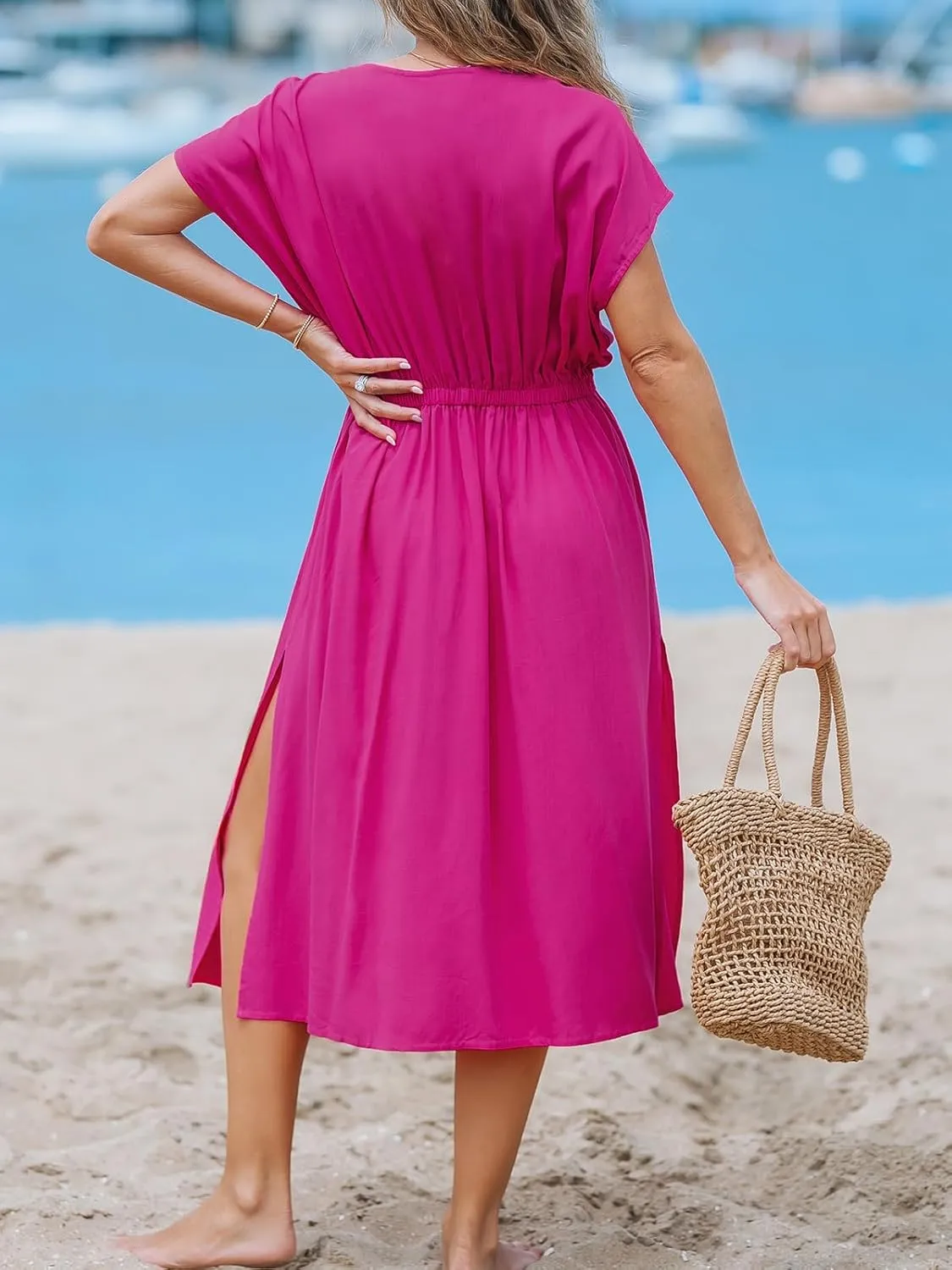 CUPSHE Women Beach Cover Up V Neck Short Sleeve Striped Midi Swimsuit Coverup Dress XS-XXL