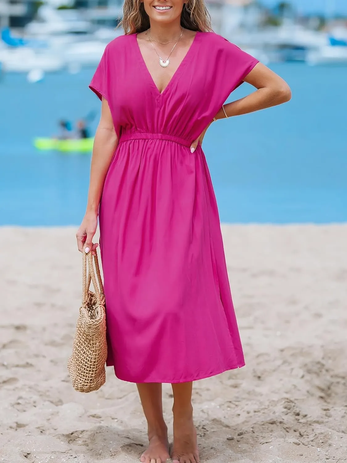 CUPSHE Women Beach Cover Up V Neck Short Sleeve Striped Midi Swimsuit Coverup Dress XS-XXL