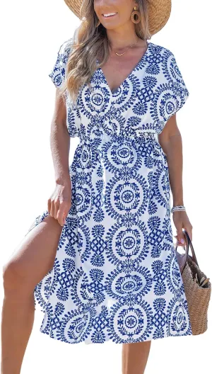 CUPSHE Women Beach Cover Up V Neck Short Sleeve Striped Midi Swimsuit Coverup Dress XS-XXL