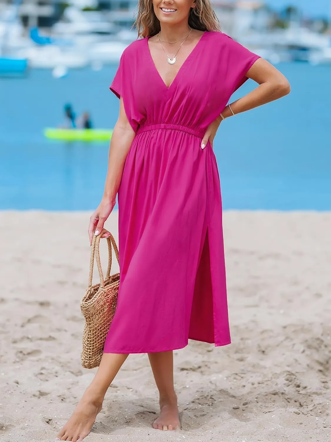 CUPSHE Women Beach Cover Up V Neck Short Sleeve Striped Midi Swimsuit Coverup Dress XS-XXL