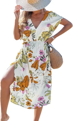 CUPSHE Women Beach Cover Up V Neck Short Sleeve Striped Midi Swimsuit Coverup Dress XS-XXL