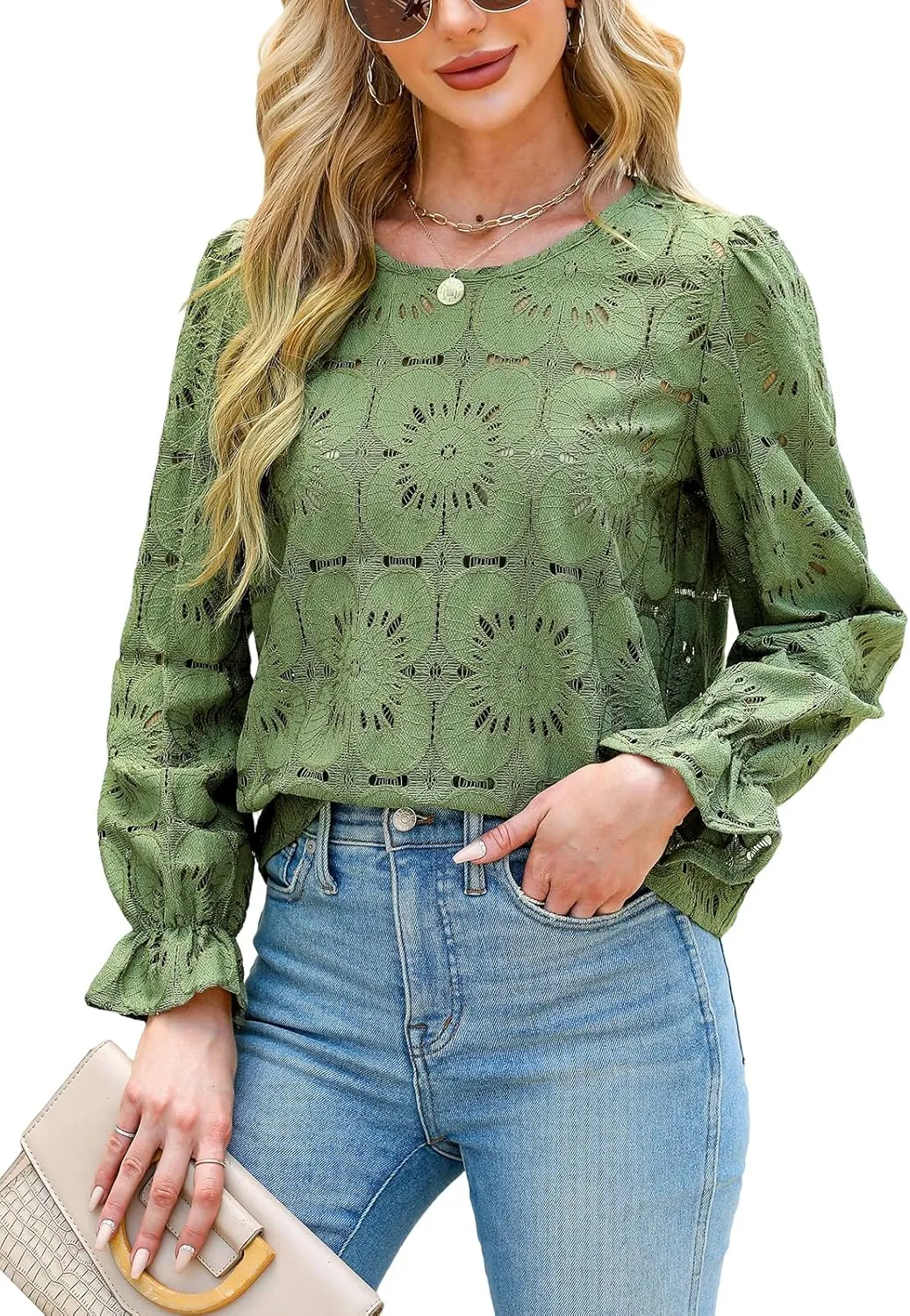 CUPSHE Women Eyelet Long Sleeve Tops Shirts Dressy Hollow Out Crochet Lace Embroidered Blouses 2025 Fashion