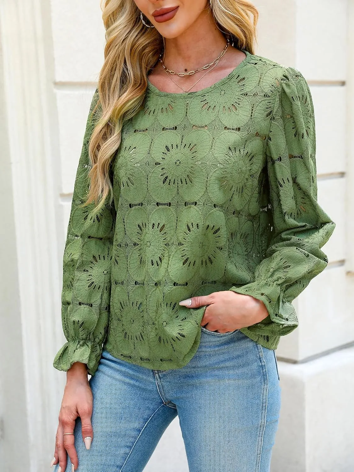 CUPSHE Women Eyelet Long Sleeve Tops Shirts Dressy Hollow Out Crochet Lace Embroidered Blouses 2025 Fashion