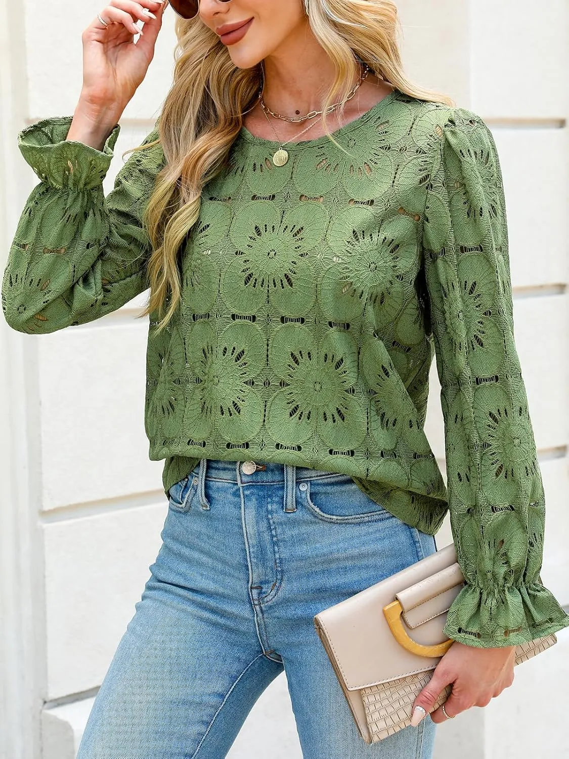 CUPSHE Women Eyelet Long Sleeve Tops Shirts Dressy Hollow Out Crochet Lace Embroidered Blouses 2025 Fashion