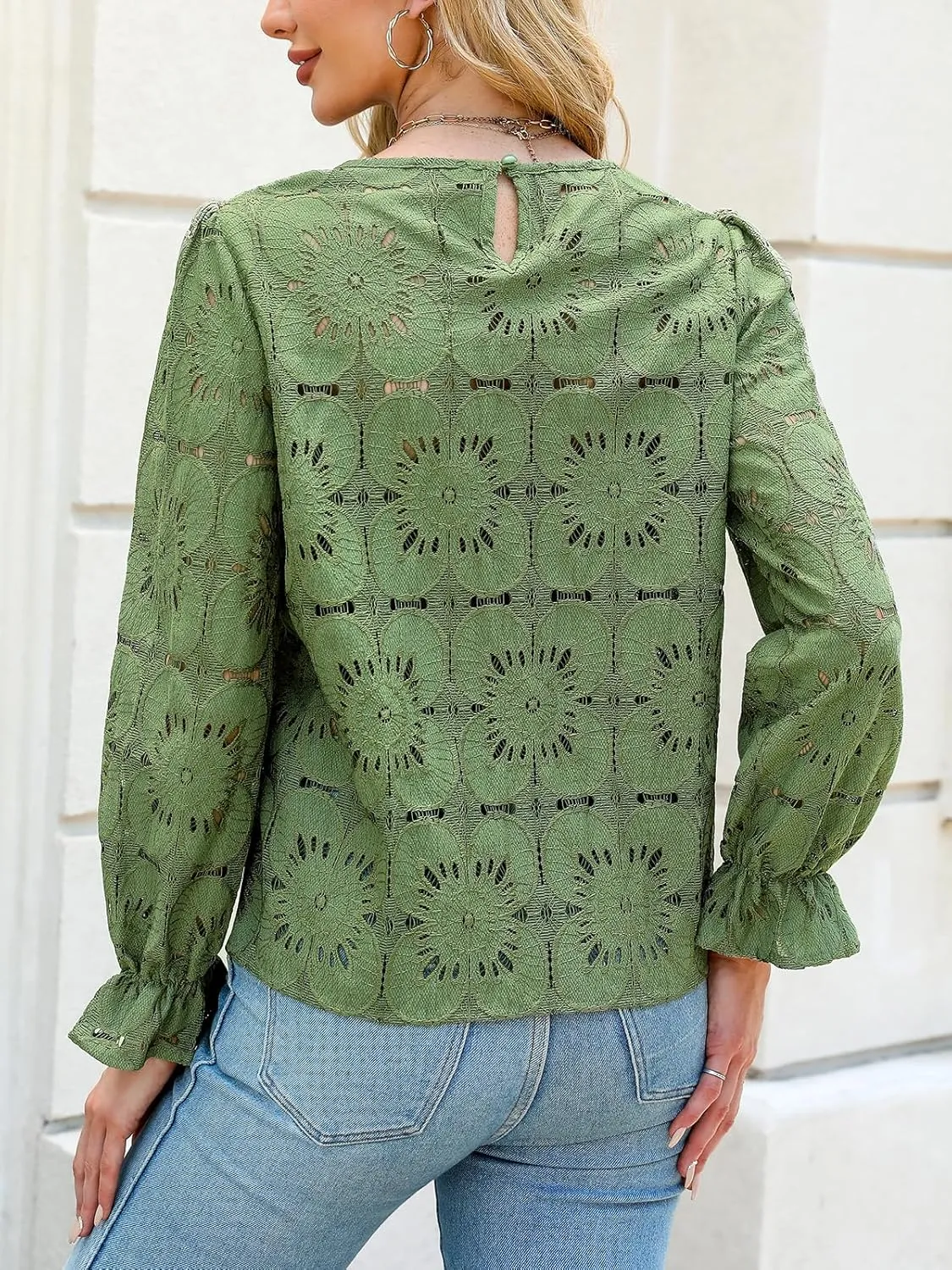 CUPSHE Women Eyelet Long Sleeve Tops Shirts Dressy Hollow Out Crochet Lace Embroidered Blouses 2025 Fashion