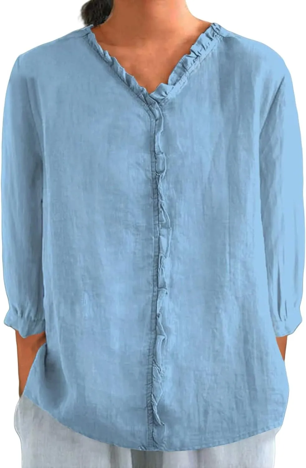 Cute Linen Shirts for Women Lapel Collared 3/4 Sleeve Print Tunic Blouses Casual Loose 2025 T-Shirt Tops for Summer