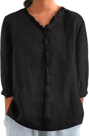 Cute Linen Shirts for Women Lapel Collared 3/4 Sleeve Print Tunic Blouses Casual Loose 2025 T-Shirt Tops for Summer