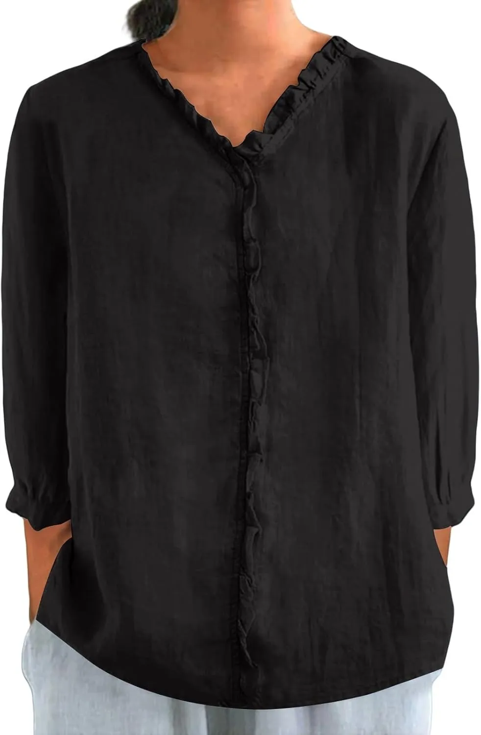 Cute Linen Shirts for Women Lapel Collared 3/4 Sleeve Print Tunic Blouses Casual Loose 2025 T-Shirt Tops for Summer