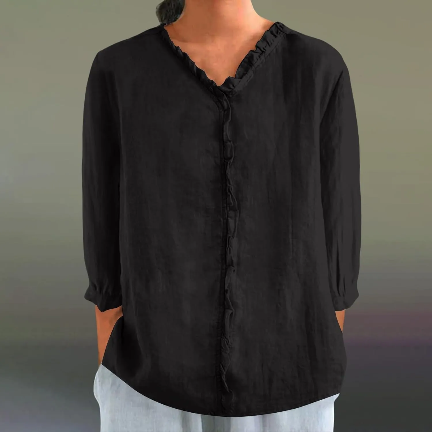 Cute Linen Shirts for Women Lapel Collared 3/4 Sleeve Print Tunic Blouses Casual Loose 2025 T-Shirt Tops for Summer