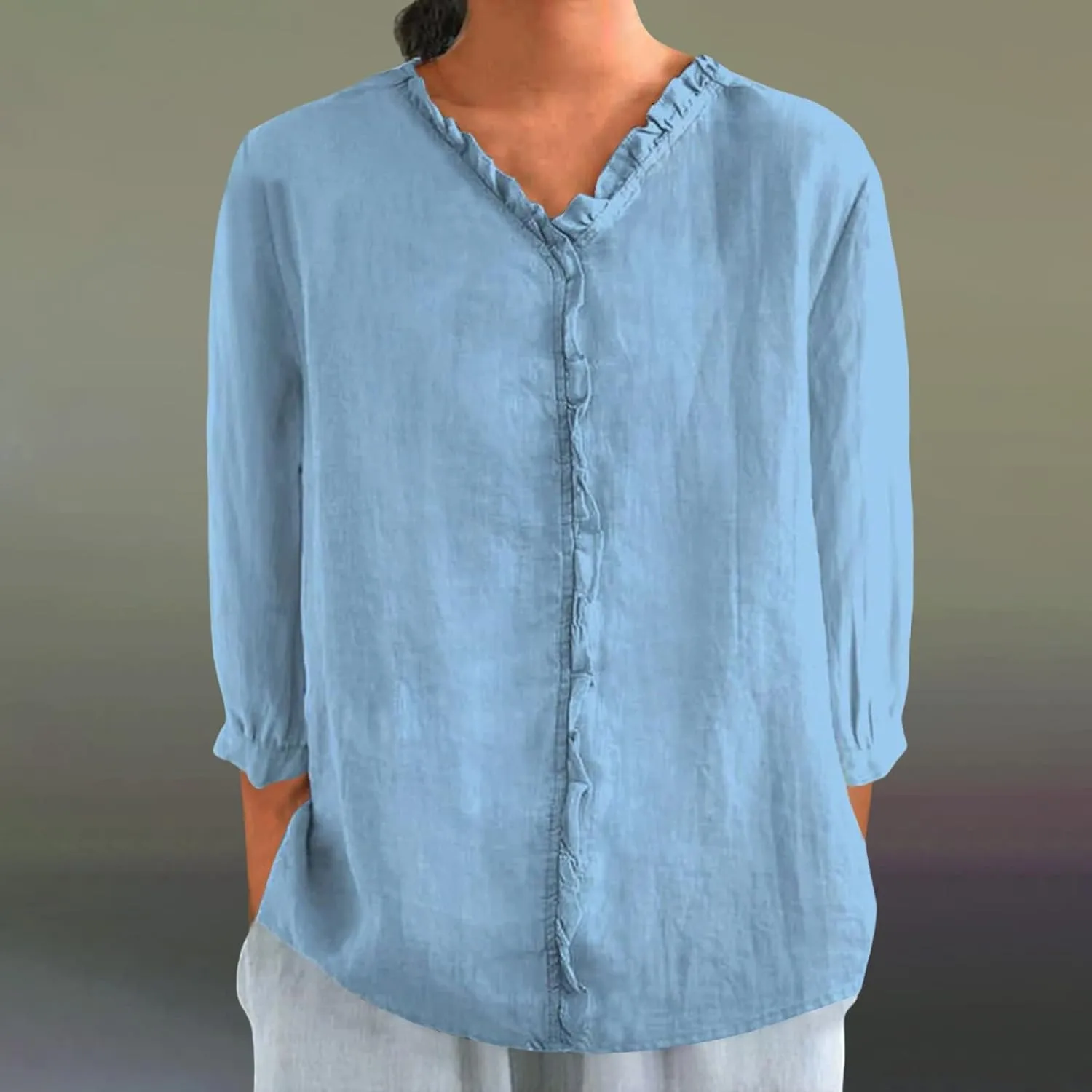 Cute Linen Shirts for Women Lapel Collared 3/4 Sleeve Print Tunic Blouses Casual Loose 2025 T-Shirt Tops for Summer