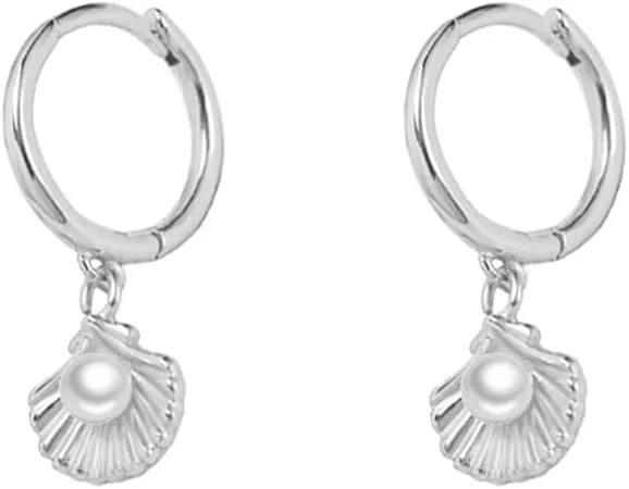 Cute Shell Pearl Huggie Small Hoop Earrings Dangle Drop for Women Teen Girls 925 Sterling Silver 14K Gold Filled Boho Beach Simple Charm Hoops Delicate Hypoallergenic Summer Jewelry Gift Daughter
