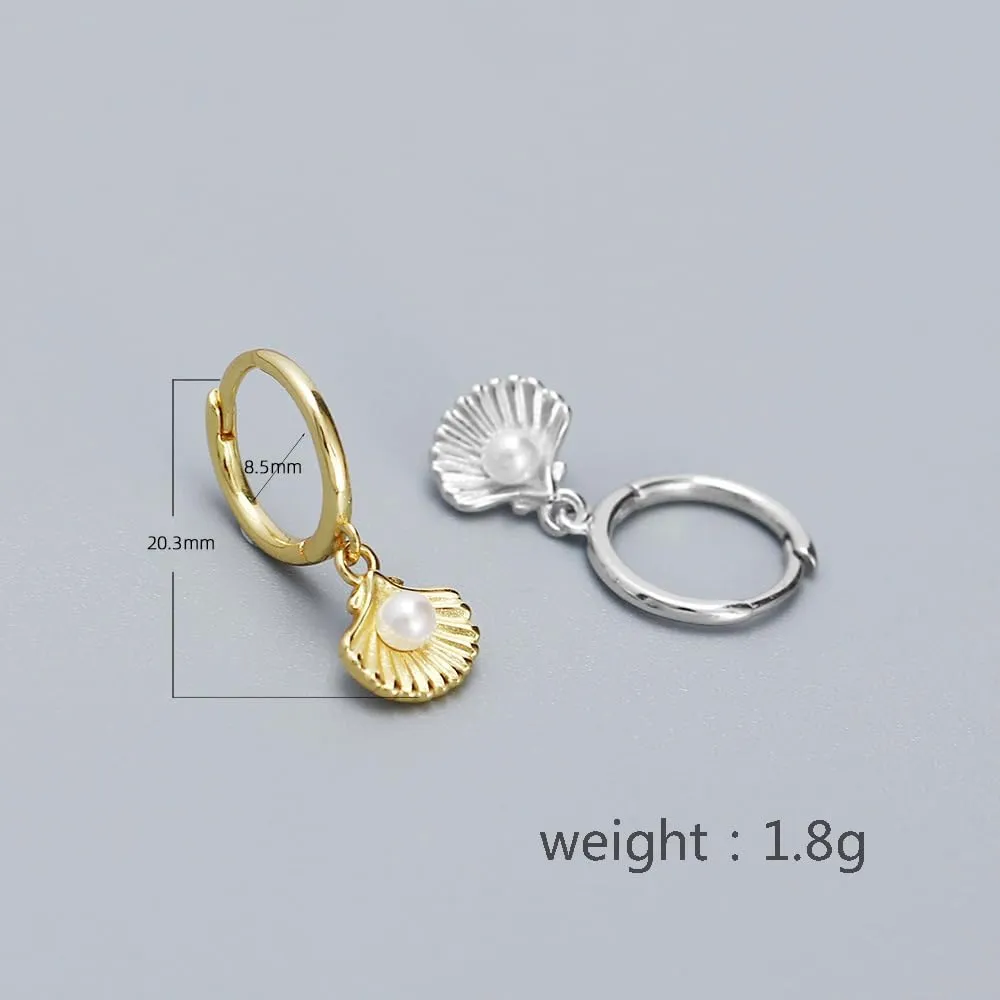 Cute Shell Pearl Huggie Small Hoop Earrings Dangle Drop for Women Teen Girls 925 Sterling Silver 14K Gold Filled Boho Beach Simple Charm Hoops Delicate Hypoallergenic Summer Jewelry Gift Daughter