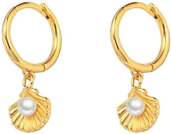 Cute Shell Pearl Huggie Small Hoop Earrings Dangle Drop for Women Teen Girls 925 Sterling Silver 14K Gold Filled Boho Beach Simple Charm Hoops Delicate Hypoallergenic Summer Jewelry Gift Daughter