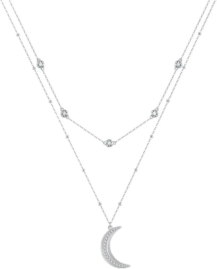Dainty 2 Layered Choker Necklace S925 Sterling Silver Multilayer Moon Necklace Layering Necklace Celestial Jewelry for Women