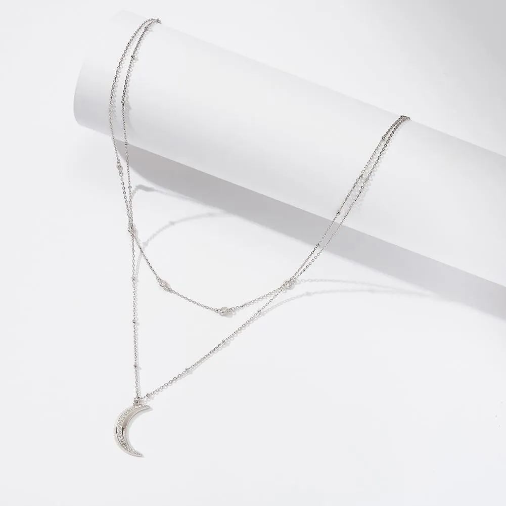 Dainty 2 Layered Choker Necklace S925 Sterling Silver Multilayer Moon Necklace Layering Necklace Celestial Jewelry for Women
