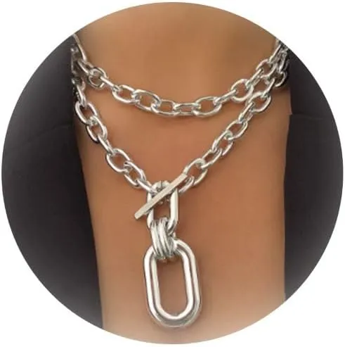 Dcfywl731 Chunky Choker Necklace for Women Gold Layered Necklace Cuban Link Chain Double O Link Necklaces Punk Hip-hop Jewelry for Women